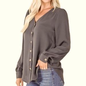 Puff Sleeve/Ash Gray V-Neck Button-Up Top/Sz L